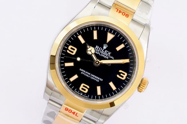 EW Factorytop-tier replicaRolex Explorer 36 series men's black dial gold band automatic movement watch front view