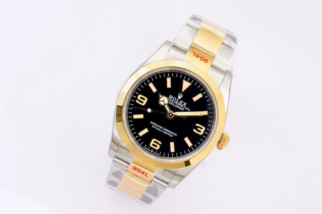 EW Factorytop-tier replicaRolex Explorer 36 series men's black dial gold band automatic movement watch front view