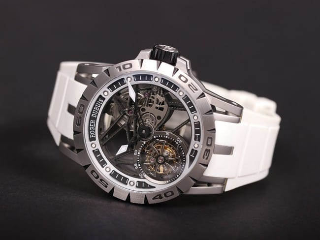 JB Factory Top Watch Roger Dubuis Excalibur Series Automatic Mechanical Tourbillon Black Dial White Rubber Strap Watch Front View