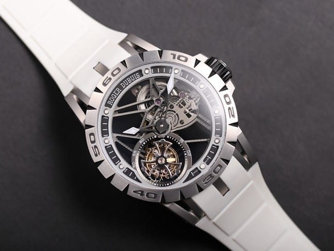 JB Factory Top Watch Roger Dubuis Excalibur Series Automatic Mechanical Tourbillon Black Dial White Rubber Strap Watch Front View
