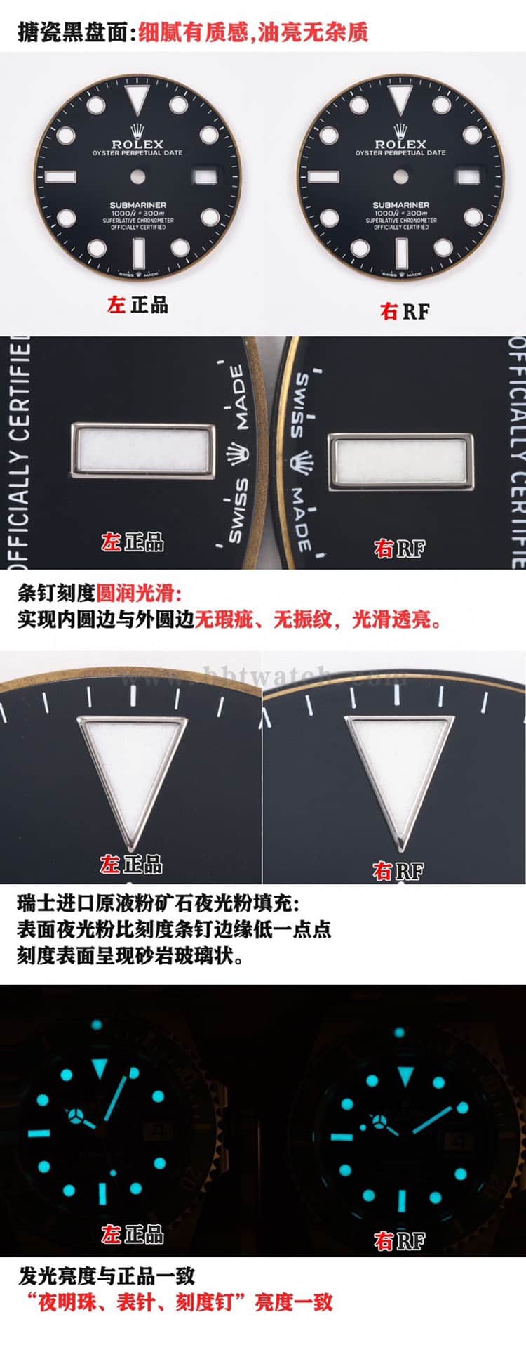 Evaluation of the differences between RFRolexSubmarinertop-tier and genuine Shocking launch lume comparison chart