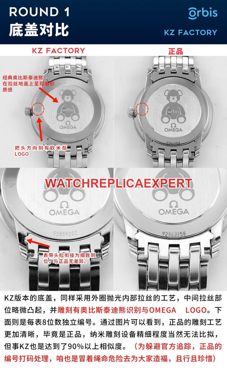 KZ Factory Omega De Ville Orbis top-tier replicaladies' watch vs genuine review bottom cover comparison chart