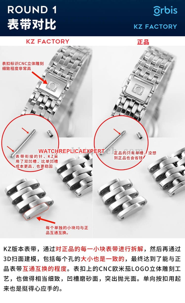 Evaluation of KZ Factory Omega De Ville Orbis top-tier replicaladies' watch versus genuine bracelet comparison chart