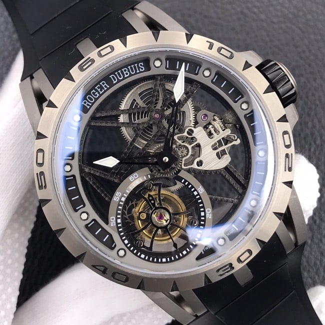 BBR factory top-tier watch Roger Dubuis men's black dialrubber strap manual winding tourbillon watch front view