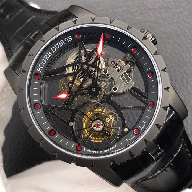 BBR factory top-tier watch Roger Dubuis manual winding tourbillon men's black dialleather strap watch front view