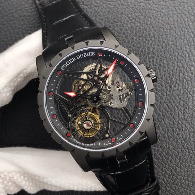 BBR factory top-tier watch Roger Dubuis manual winding tourbillon men's black dialleather strap watch front view