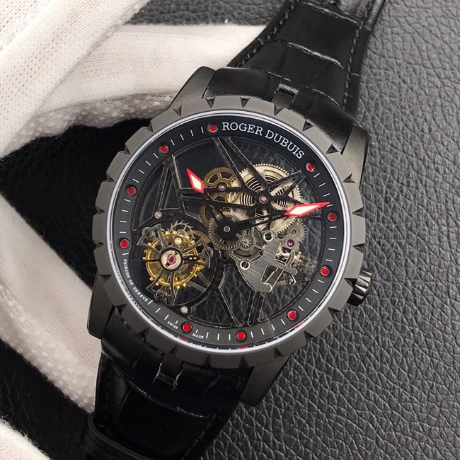 BBR factory top-tier watch Roger Dubuis manual winding tourbillon men's black dialleather strap watch front view
