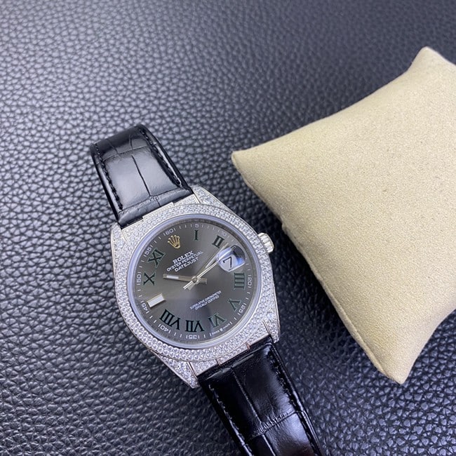 top-tier watch Rolex men's black dial black belt Datejust series fully automatic movementleather strap watch front view