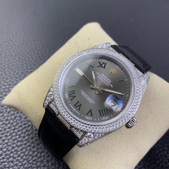 top-tier watch Rolex men's black dial black belt Datejust series fully automatic movementleather strap watch front view