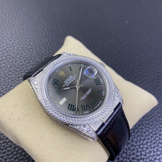 top-tier watch Rolex men's black dial black belt Datejust series fully automatic movementleather strap watch front view
