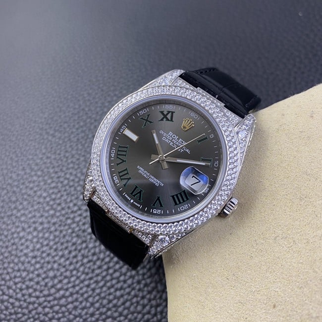 top-tier watch Rolex men's black dial black belt Datejust series fully automatic movementleather strap watch front view