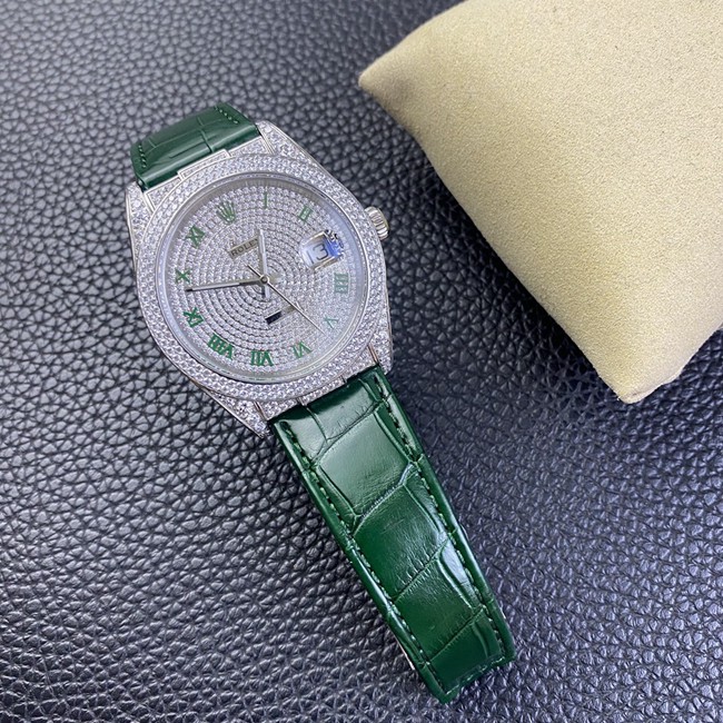 Rolextop-tier watch Datejust baby's breath men's white dial green strap fully automatic movementleather strap watch front view
