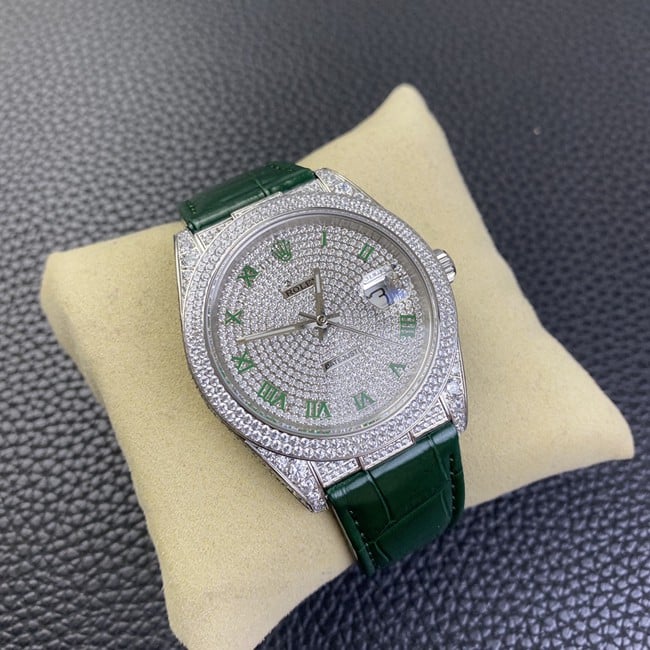 Rolextop-tier watch Datejust baby's breath men's white dial green strap fully automatic movementleather strap watch front view