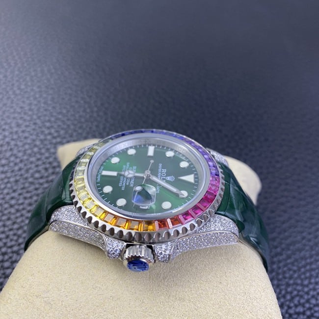 Rolextop-tier watch men's green dial green strap fully automatic movementleather strap watch side view
