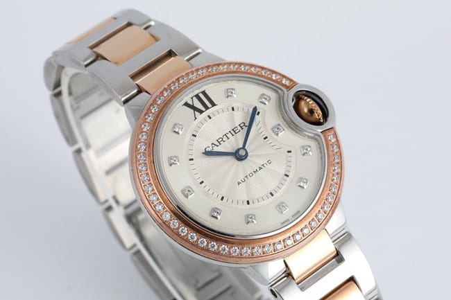 V6 factory top-tier watch Cartier women's white dial gold band blue balloon series automatic movement watch front view