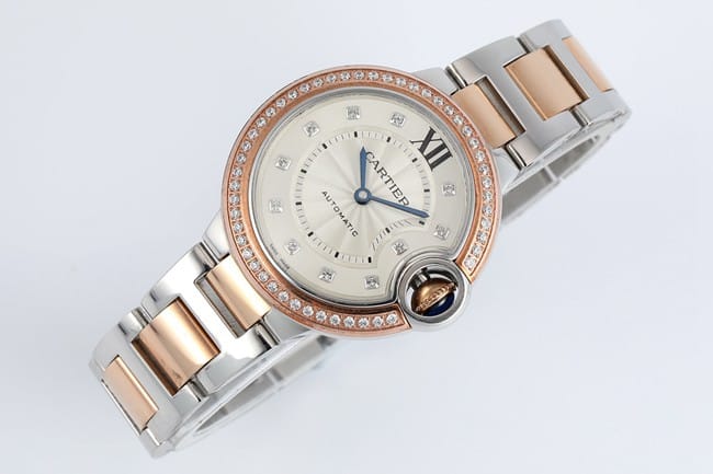 V6 factory top-tier watch Cartier women's white dial gold band blue balloon series automatic movement watch front view