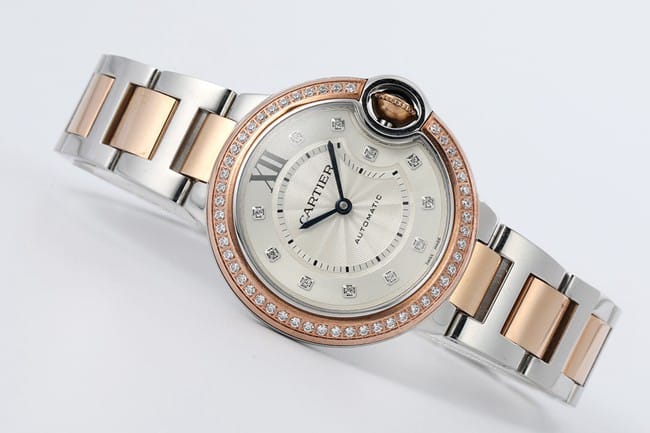 V6 factory top-tier watch Cartier women's white dial gold band blue balloon series automatic movement watch front view