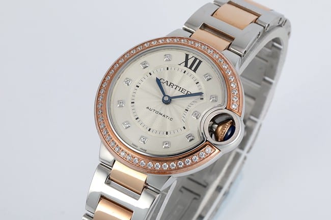 V6 factory top-tier watch Cartier women's white dial gold band blue balloon series automatic movement watch front view