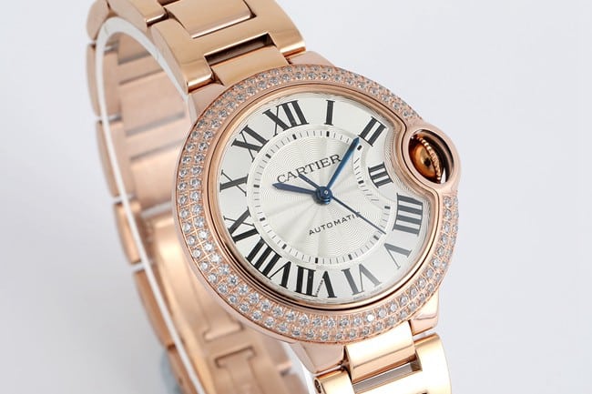 V6 factory top-tier watch Cartier blue balloon series ladies white dialsteel bracelet automatic movement watch front view