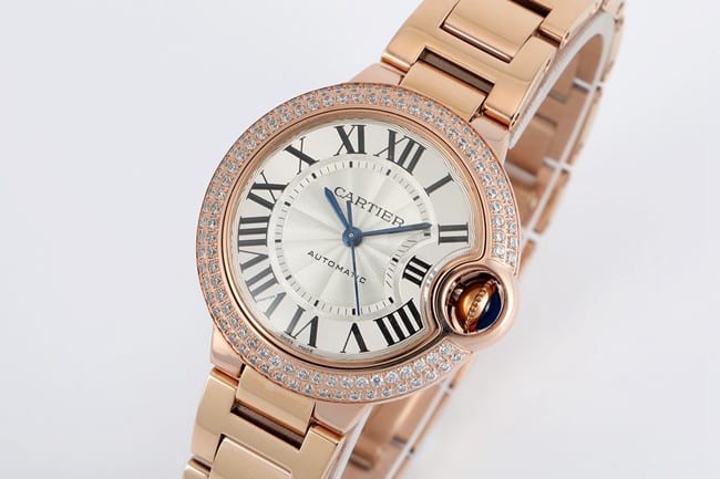V6 factory top-tier watch Cartier blue balloon series ladies white dialsteel bracelet automatic movement watch front view