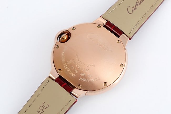 V6 factory top-tier watch Cartier automatic movement blue balloon series 33mm women's white dialleather strap watch back cover picture