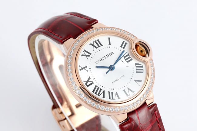 V6 factory top-tier watch Cartier automatic movement blue balloon series 33mm women's white dialleather strap watch front view