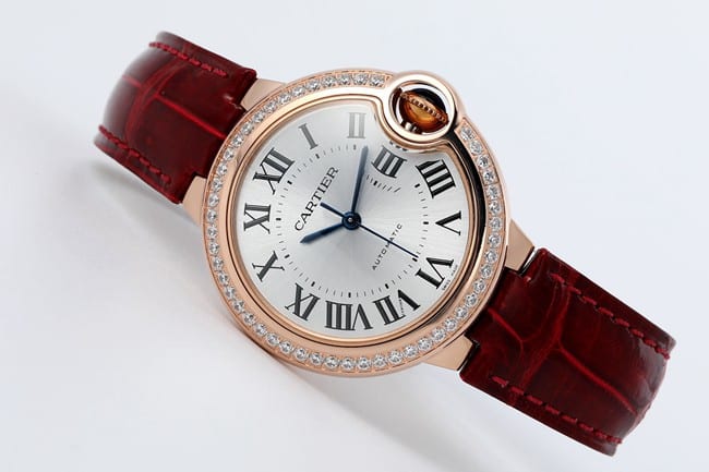 V6 factory top-tier watch Cartier automatic movement blue balloon series 33mm women's white dialleather strap watch front view
