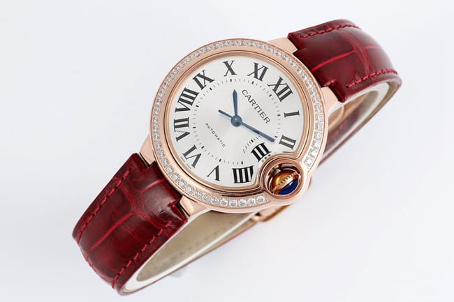 V6 factory top-tier watch Cartier automatic movement blue balloon series 33mm women's white dialleather strap watch front view