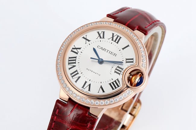 V6 factory top-tier watch Cartier automatic movement blue balloon series 33mm women's white dialleather strap watch front view