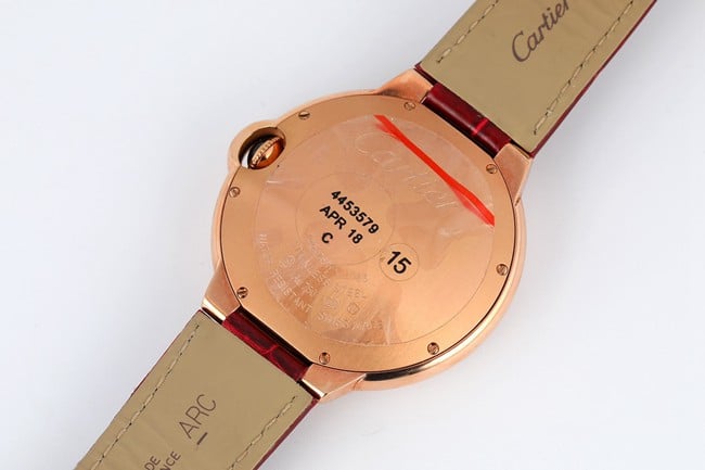 V6 factory top-tier watch Cartier men's white dial red band blue balloon series automatic movementleather strap watch back cover picture