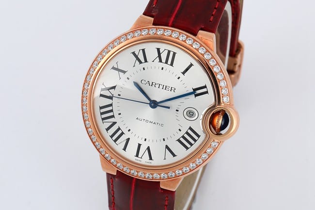 V6 factory top-tier watch Cartier men's white dial red band blue balloon series automatic movementleather strap watch front view