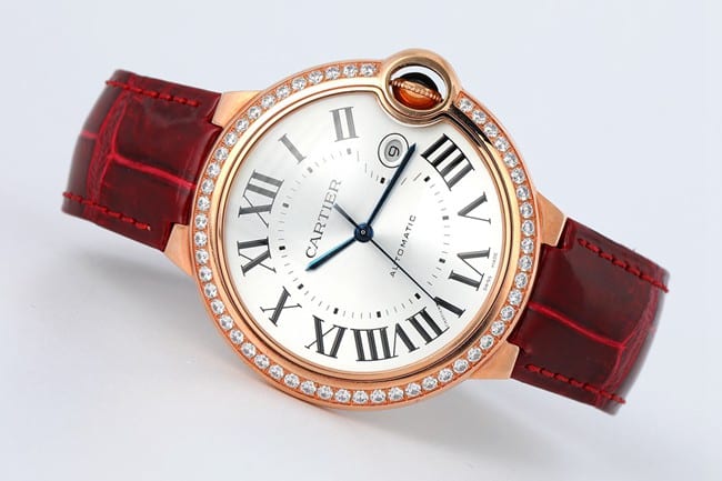 V6 factory top-tier watch Cartier men's white dial red band blue balloon series automatic movementleather strap watch front view