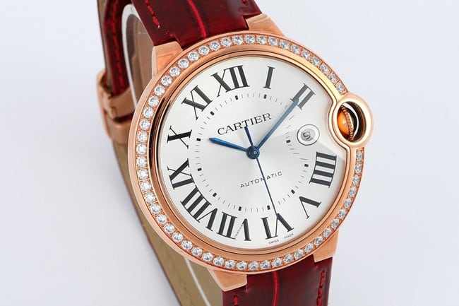 V6 factory top-tier watch Cartier men's white dial red band blue balloon series automatic movementleather strap watch front view