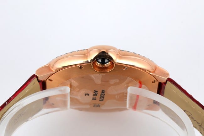V6 factory top-tier watch Cartier men's white dial red band blue balloon series automatic movementleather strap watch side view