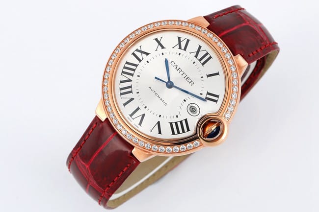 V6 factory top-tier watch Cartier men's white dial red band blue balloon series automatic movementleather strap watch front view