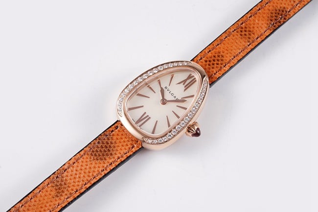 BV factory top-tier watch Bvlgari women's white dial orange strap quartz movementleather strap watch front view