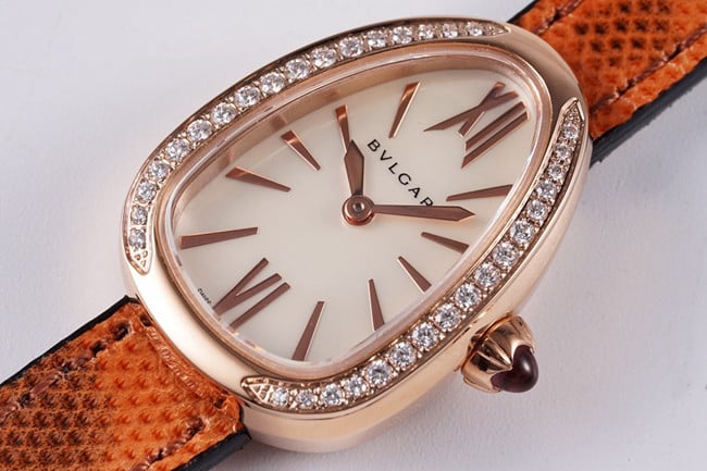 BV factory top-tier watch Bvlgari women's white dial orange strap quartz movementleather strap watch front view