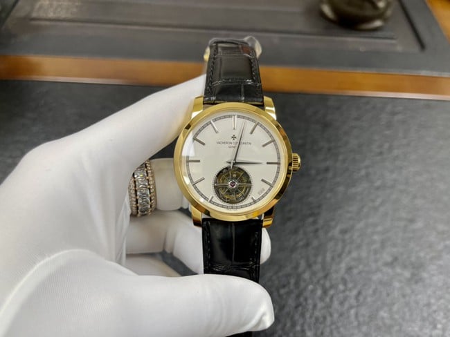 Vacheron Constantintop-tier watch men's white dial black belt tourbillon mechanical leather strap watch front view