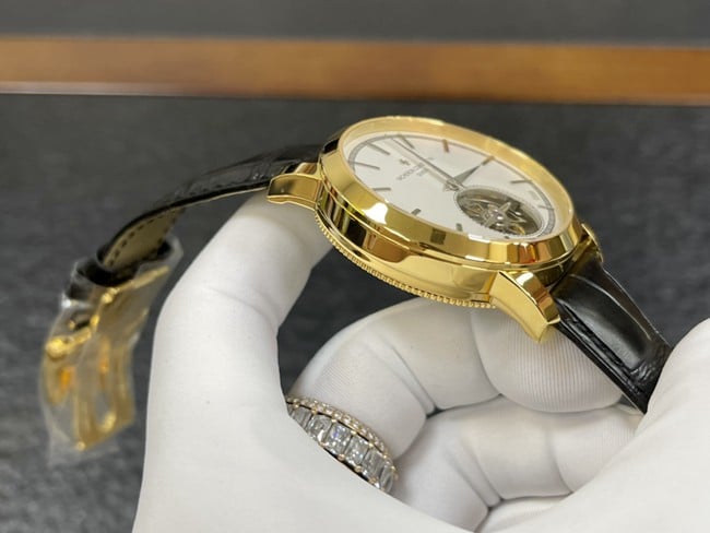 Vacheron Constantintop-tier watch men's white dial black belt tourbillon mechanical leather strap watch side view