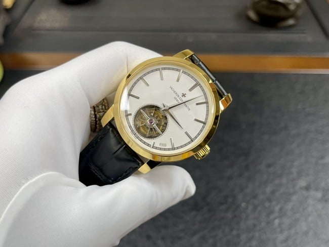 Vacheron Constantintop-tier watch men's white dial black belt tourbillon mechanical leather strap watch front view