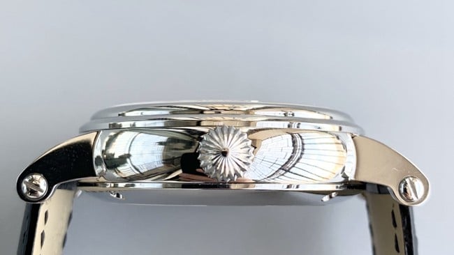 top-tier watch Patek Philippe men's white dial black belt automatic complex function series tourbillonleather strap watch side view