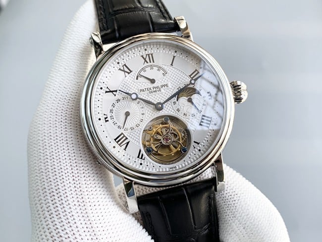 top-tier watch Patek Philippe men's white dial black belt automatic complex function series tourbillonleather strap watch front view