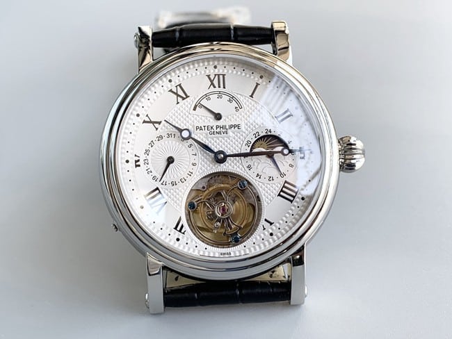 top-tier watch Patek Philippe men's white dial black belt automatic complex function series tourbillonleather strap watch front view