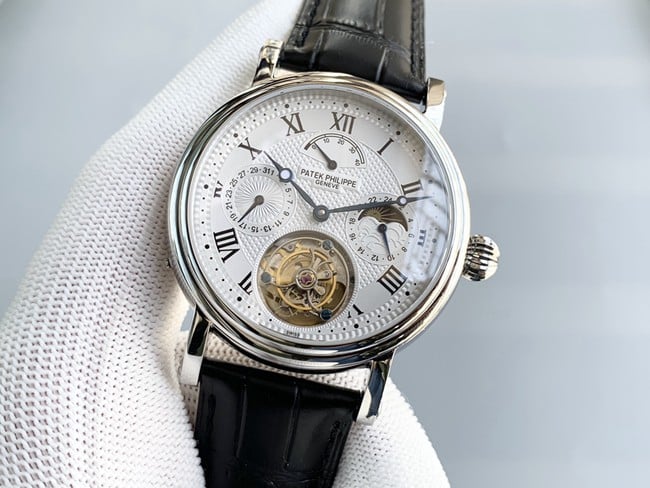 top-tier watch Patek Philippe men's white dial black belt automatic complex function series tourbillonleather strap watch front view