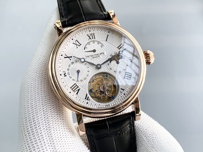 Patek Philippetop-tier watch automatic complex function series tourbillon men's black belt manual mechanical leather strap watch front view