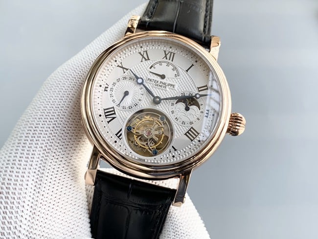 Patek Philippetop-tier watch automatic complex function series tourbillon men's black belt manual mechanical leather strap watch front view