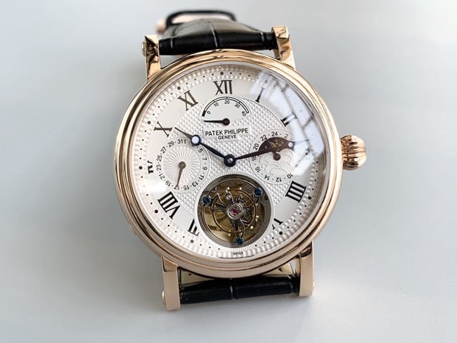 Patek Philippetop-tier watch automatic complex function series tourbillon men's black belt manual mechanical leather strap watch front view