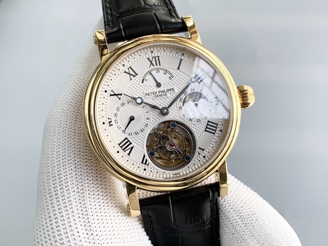 Patek Philippetop-tier watch men's white dial black belt tourbillon automatic complex function series leather strap watch front view