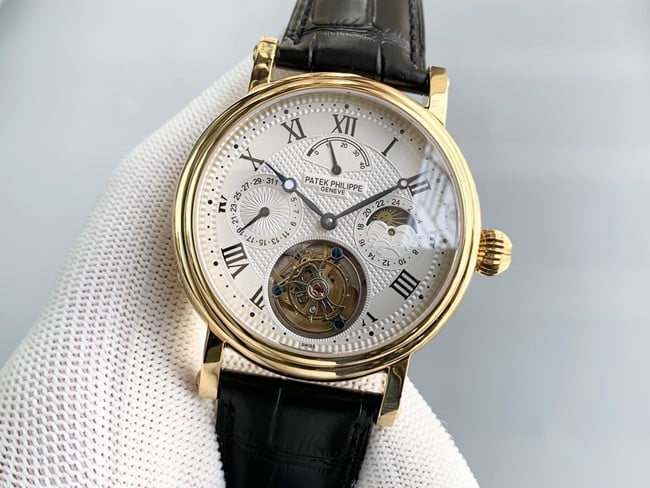 Patek Philippetop-tier watch men's white dial black belt tourbillon automatic complex function series leather strap watch front view