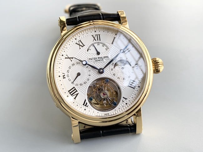 Patek Philippetop-tier watch men's white dial black belt tourbillon automatic complex function series leather strap watch front view